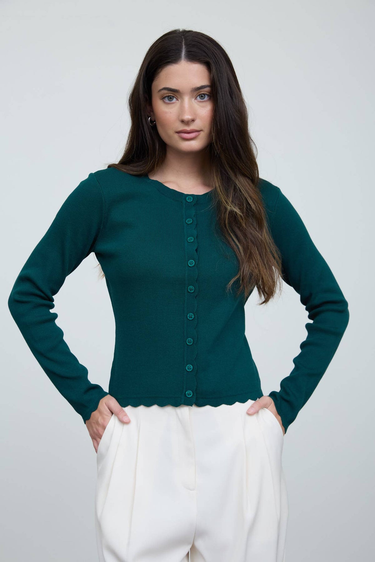 SCALLOPED BUTTON DETAIL LONG SLEEVE KNIT CARDIGAN  (PRE-ORDER)