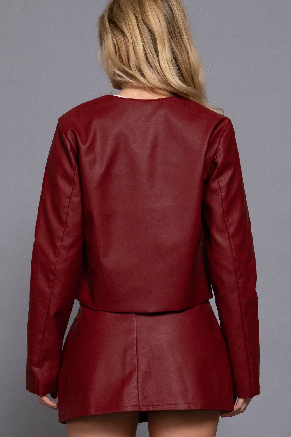 Long Sleeve Crew Neck Button Down Faux Leather Jacket