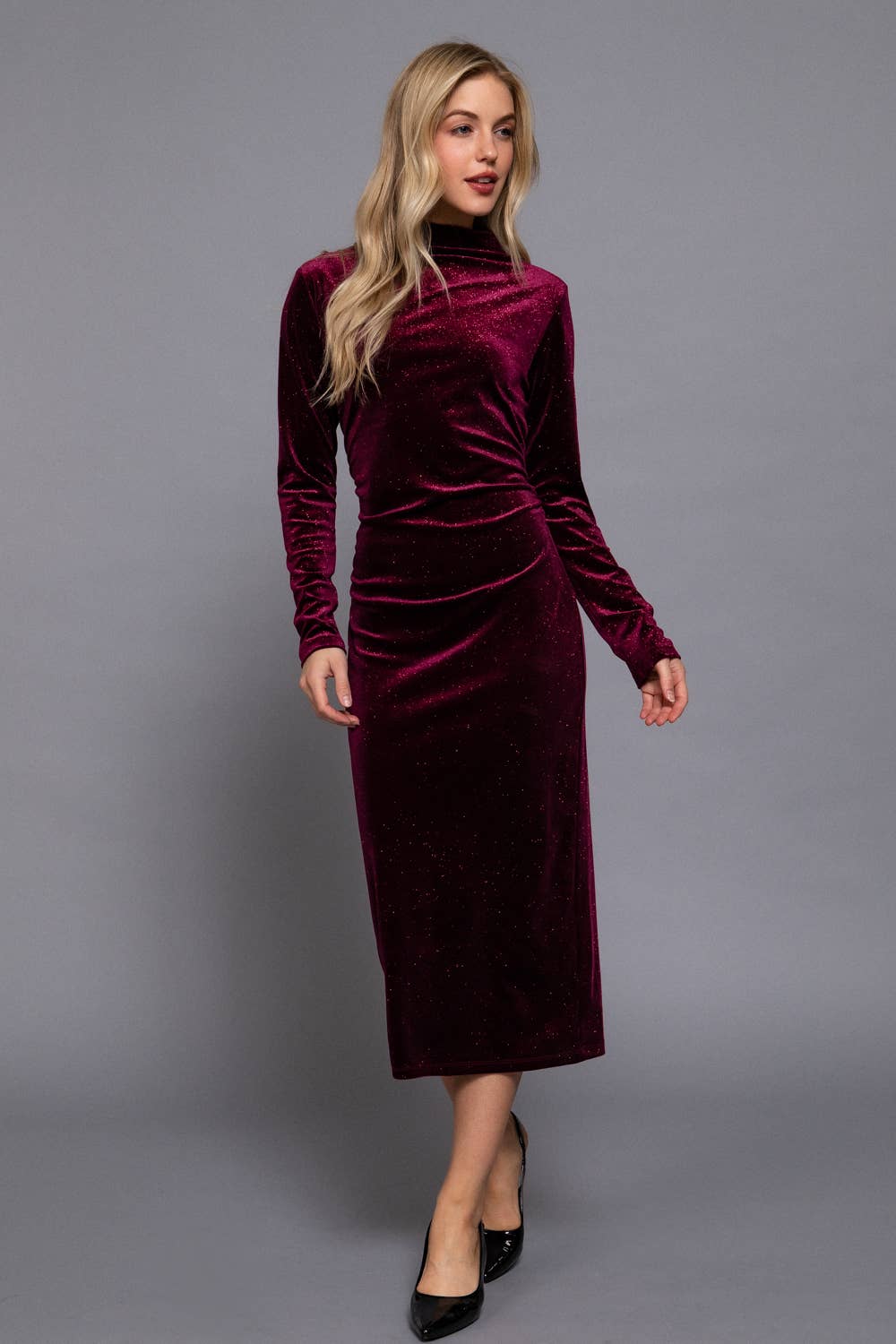 Long Sleeve High Neck Shirring Glitter Velvet Long Dress