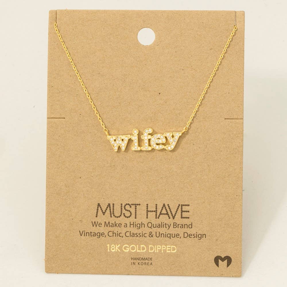 Gold Dipped Cz Pave Wifey Pendant Necklace