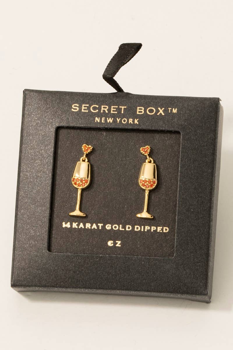 Gold Dipped Secret Box Red Wine Glass Earrings