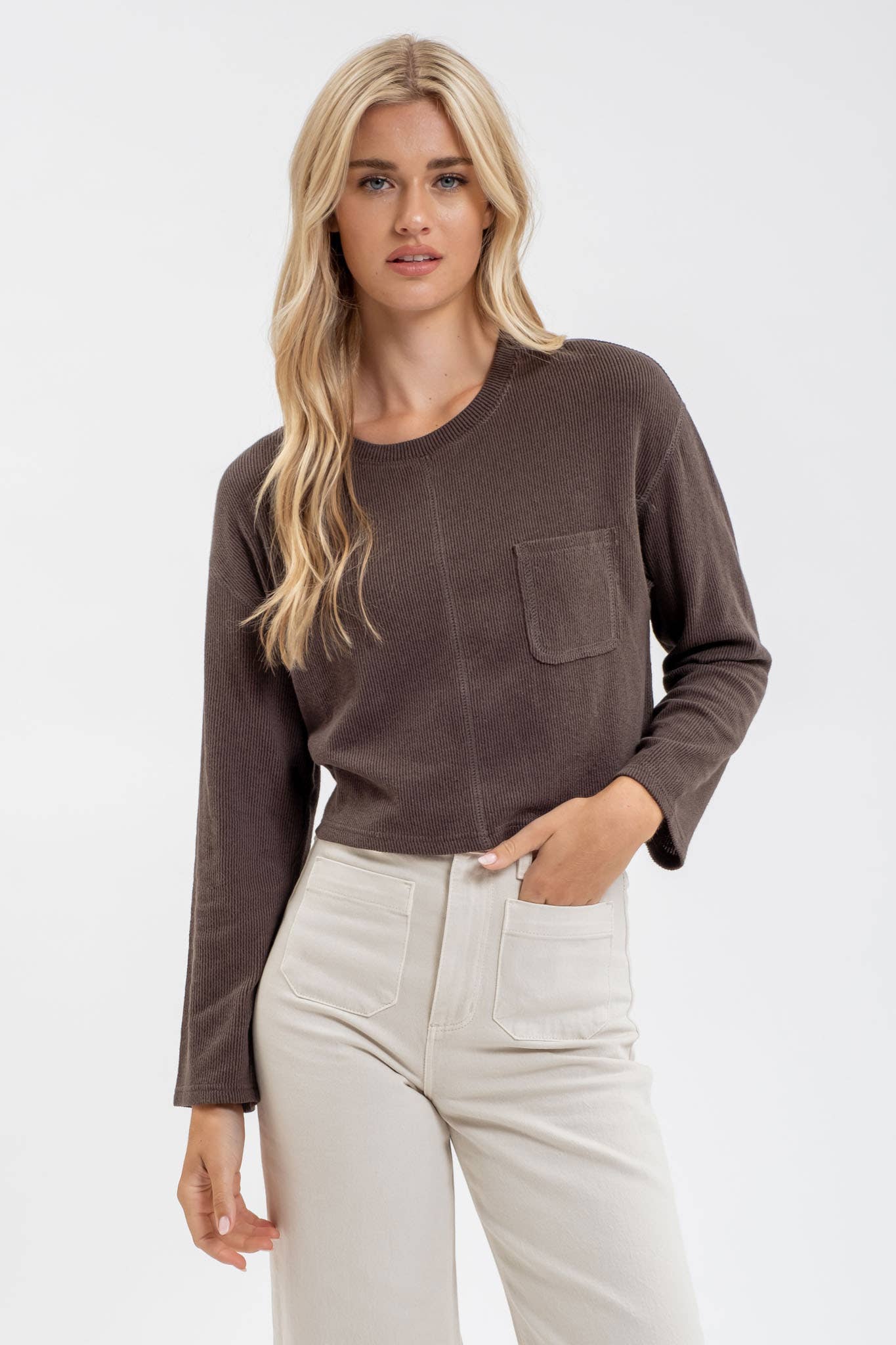 CREWNECK LONG SLEEVE RIBBED KNIT TOP