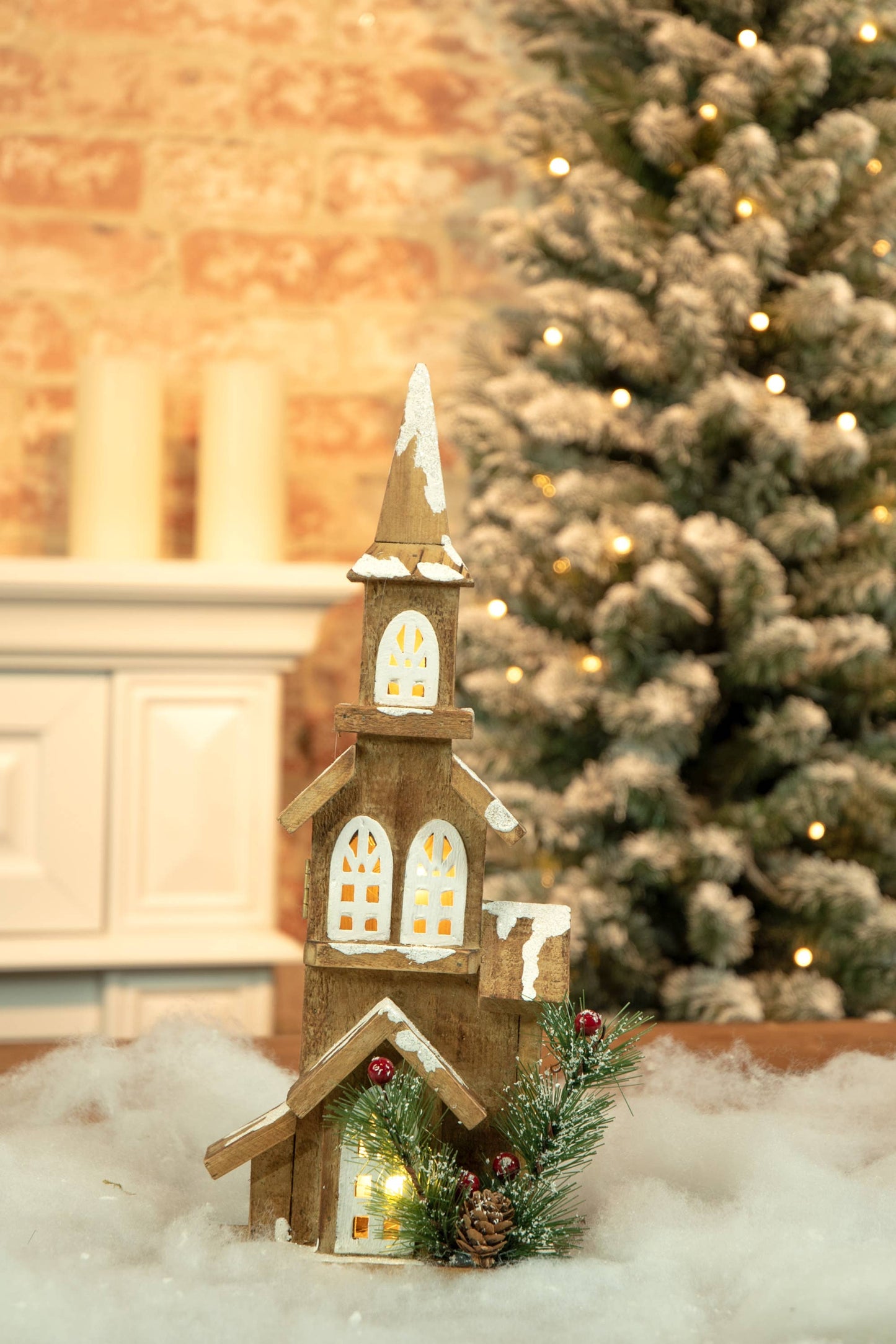 Cream Illuminated Snow-Covered Church Display