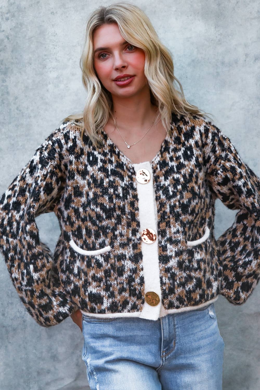 LEOPARD LONG SLEEVE CARDIGAN WITH GOLD BUTTON