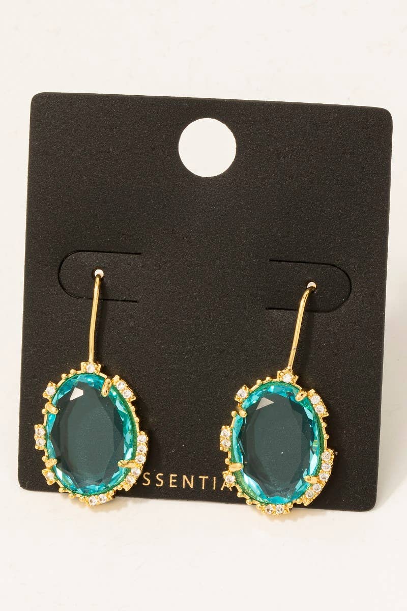 Gold Dipped Cz And Glass Oval Gem Dangle Earrings
