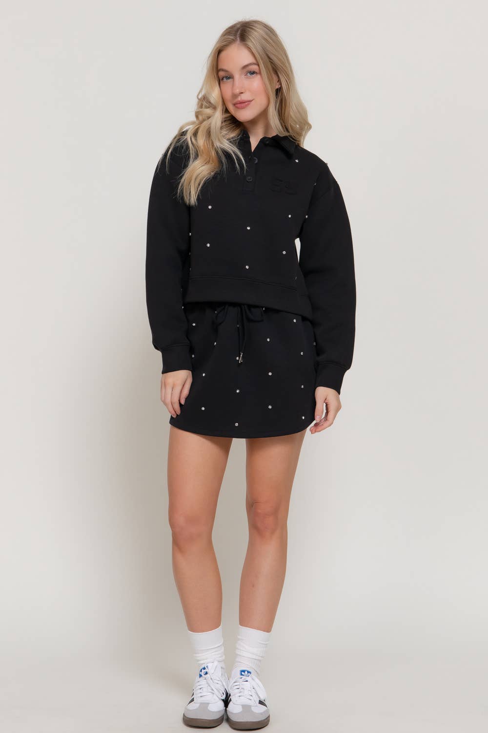 Long Sleeve with Embellished Scuba Polo Top