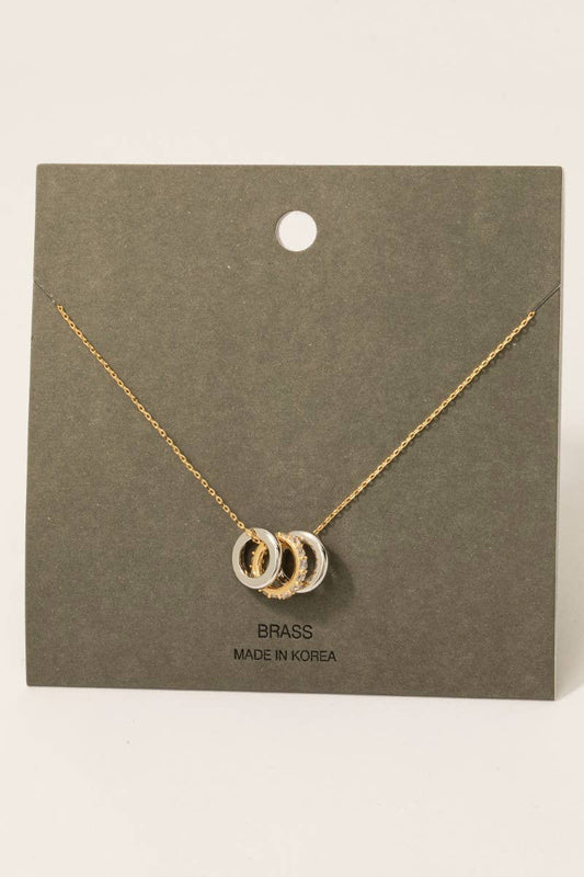 Pave Two Tone Ring Charms Chain Necklace