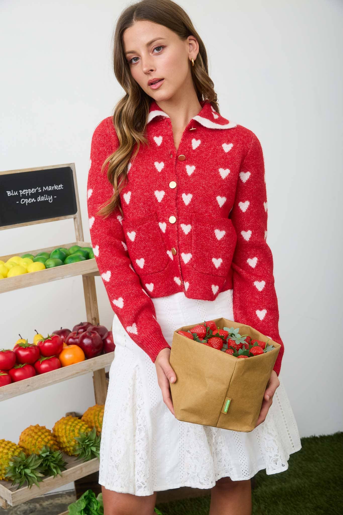 HEART PATTERN SCALLOP COLLAR BUTTON DOWN CARDIGAN