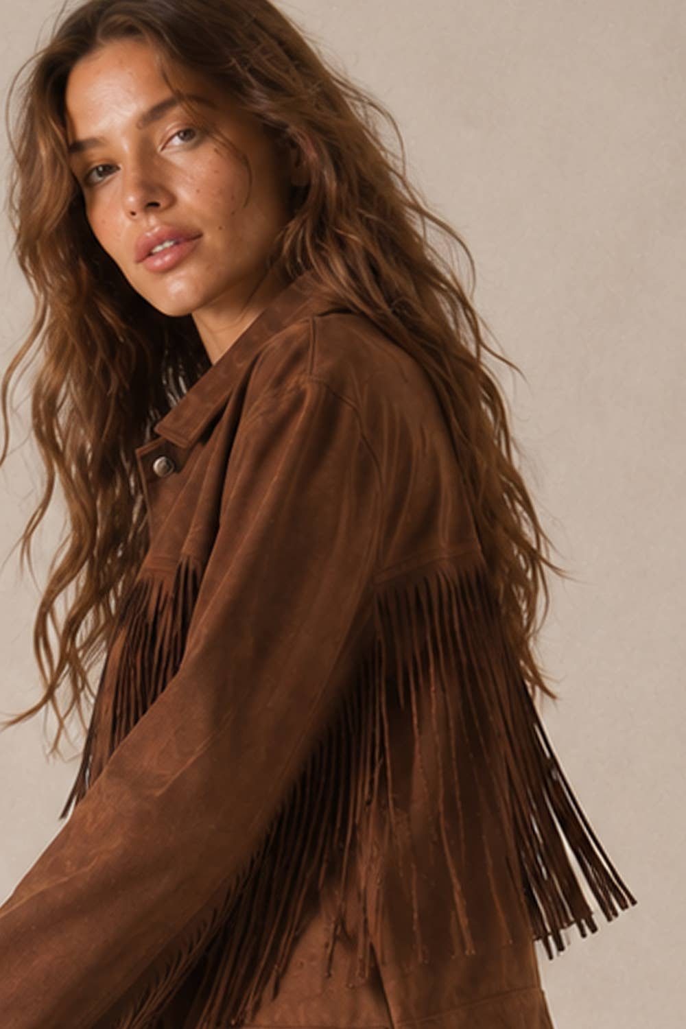 RELAXED FIT FAUX SUEDE FRINGE CASUAL JACKET