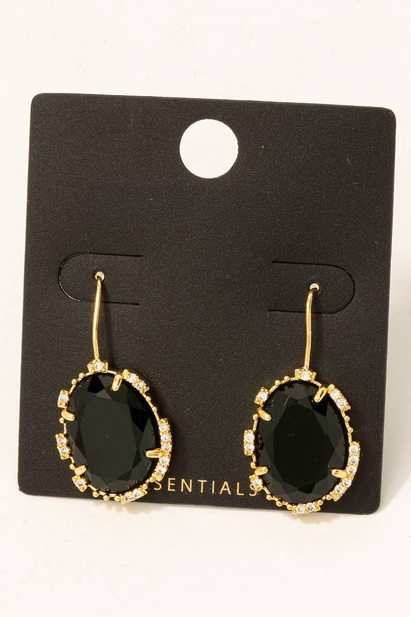 Gold Dipped Cz And Glass Oval Gem Dangle Earrings