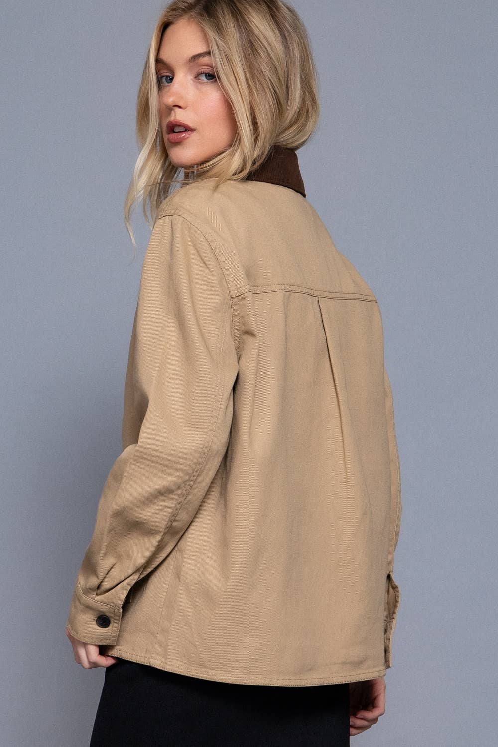 Long Sleeve Corduroy Collar Detail Cotton Twill Work Jacket