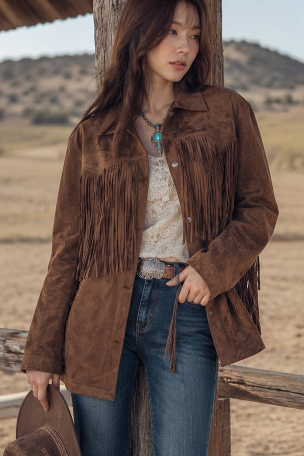 RELAXED FIT FAUX SUEDE FRINGE CASUAL JACKET