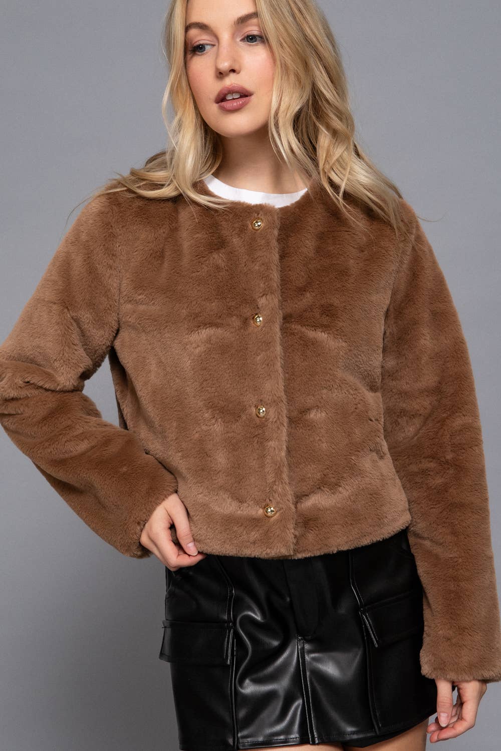 Long Sleeve Round Neck Faux Fur Crop Length Blazer