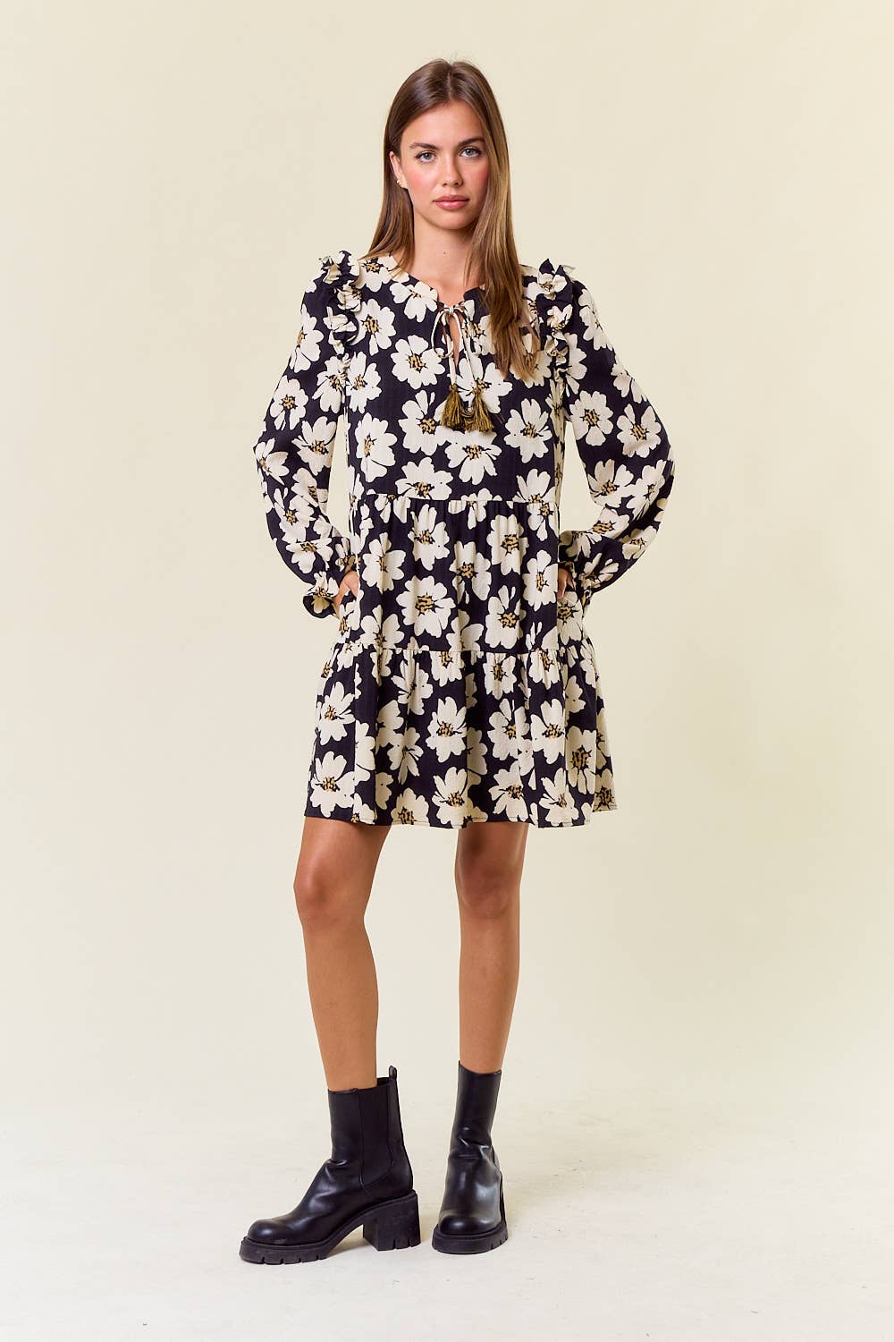 FLORAL PRINT LONG SLEEVE TIERED MINI DRESS - 27817D