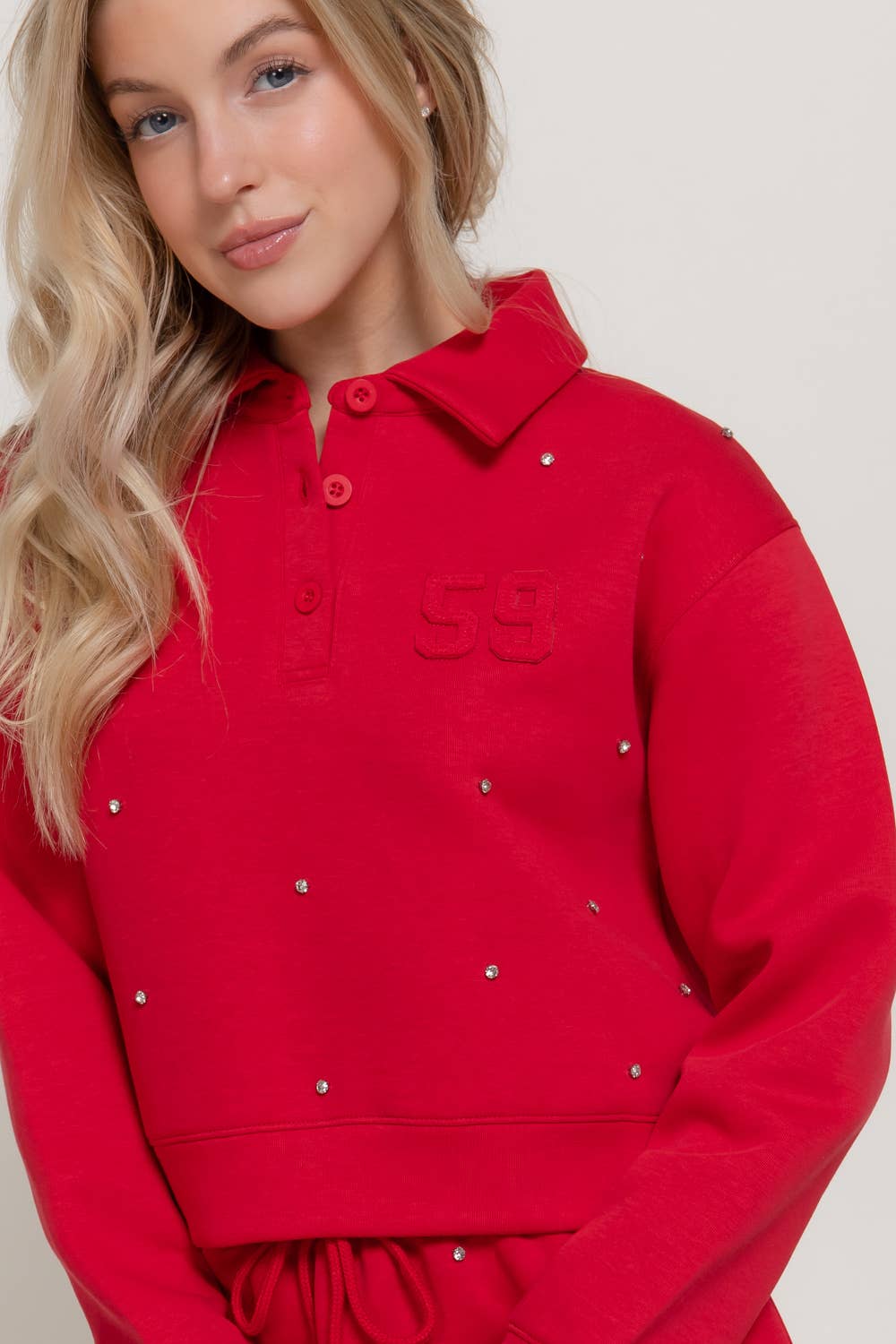 Long Sleeve with Embellished Scuba Polo Top