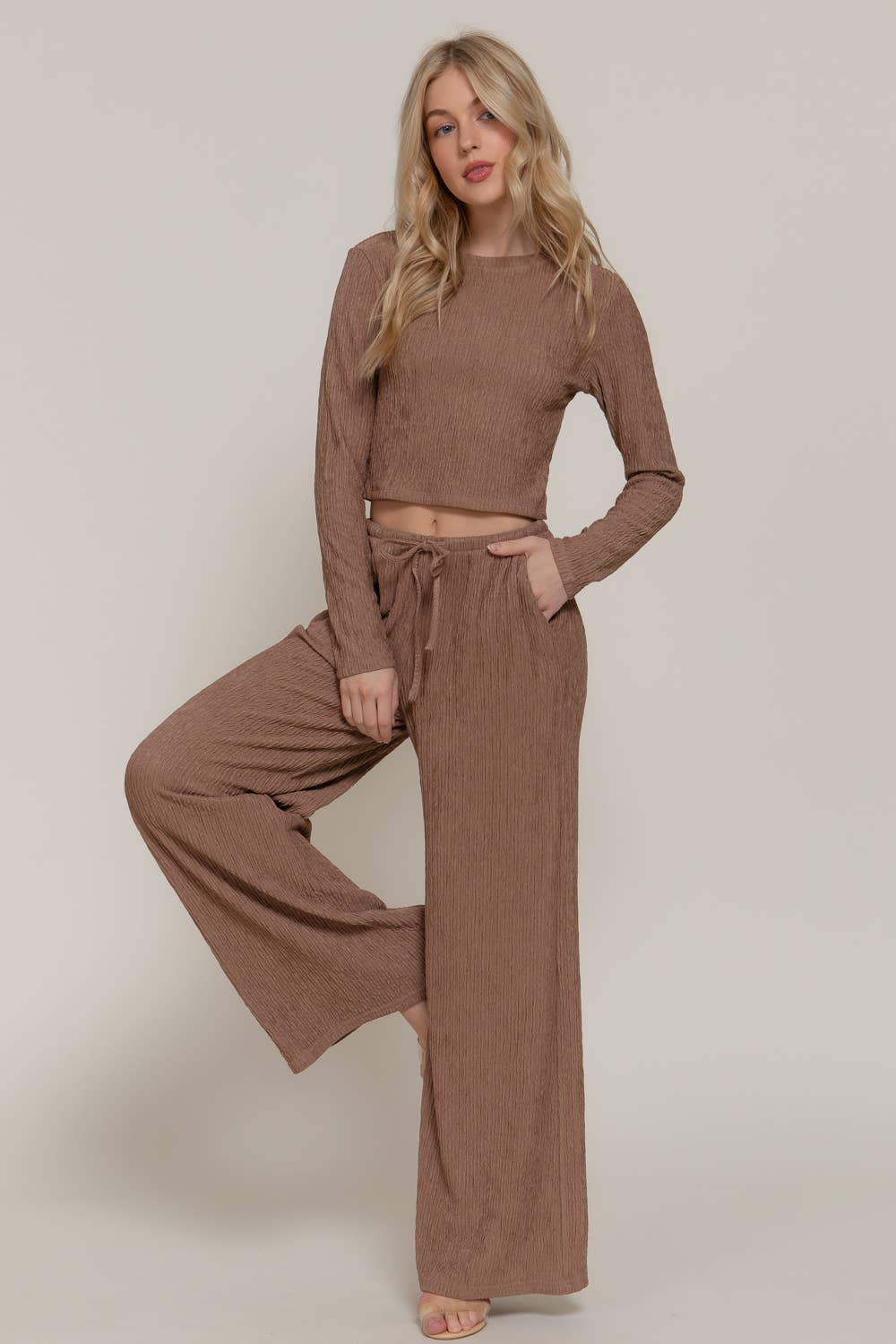Long Sleeve Crew Neck Top & Waist Tie Long Pants Set