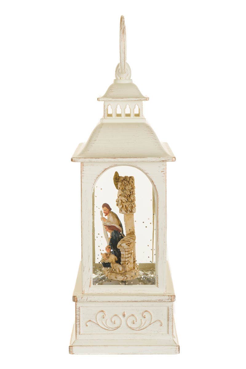 NEW-Musical White Led Lantern Snow Globe With Nativity Scene