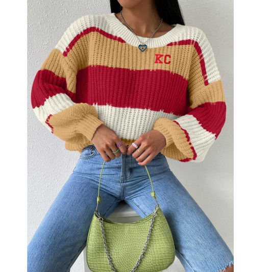 KC Red & Yellow Striped Pullover Sweater, Chiefs, Game Day