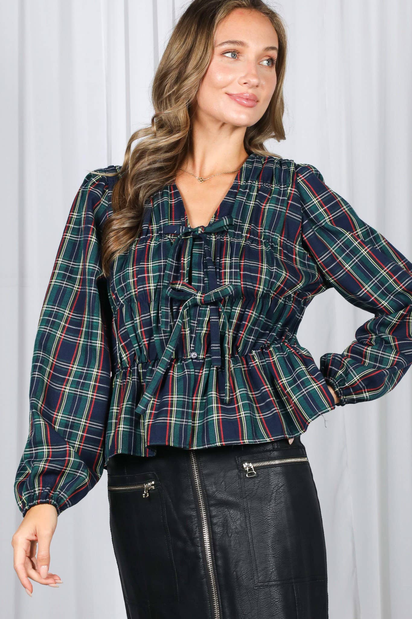 Front Elastic Shirring & Tie Plaid Blouse Top VT82890B