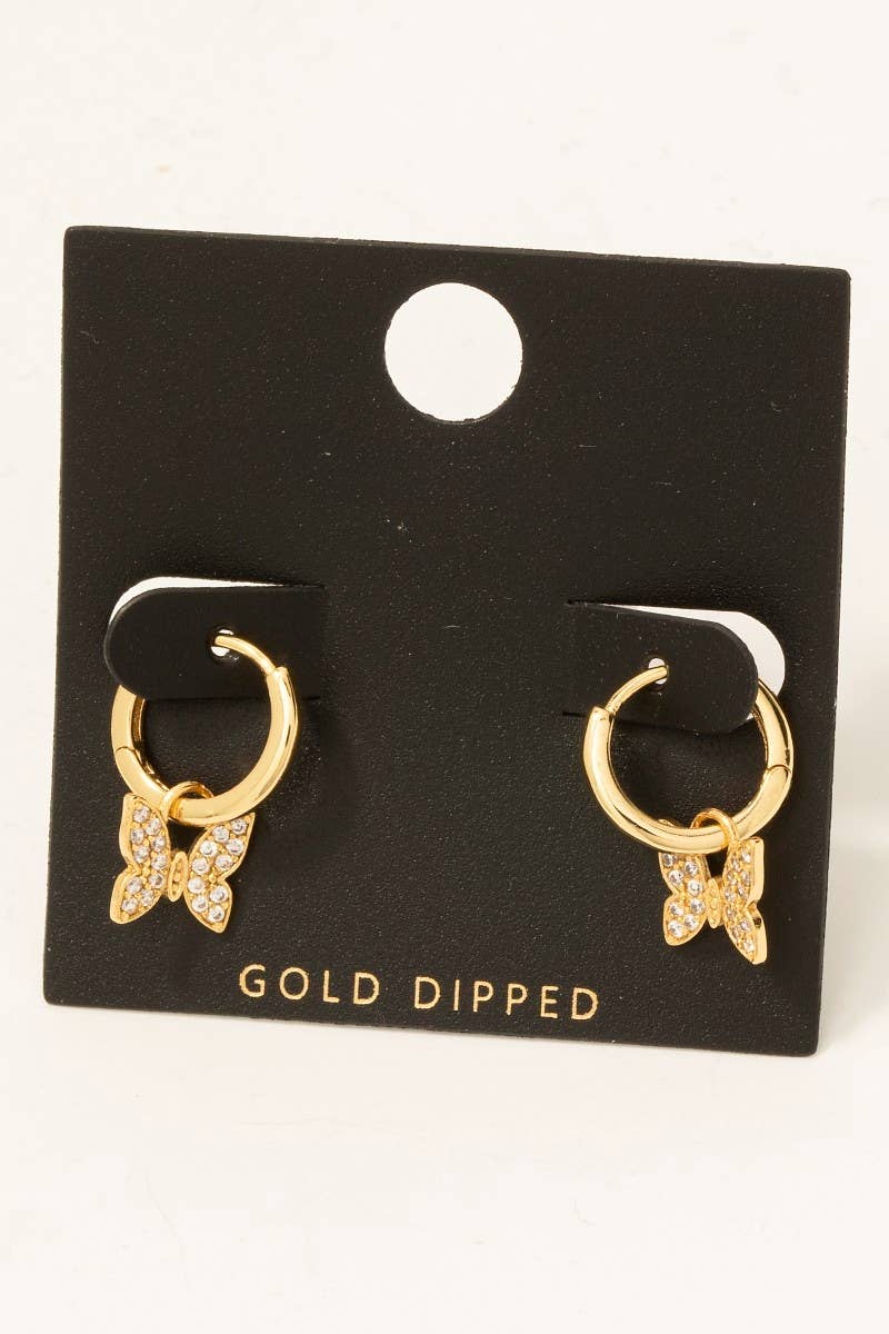Gold Dipped Cz Pave Butterfly Charm Hoop Earrings