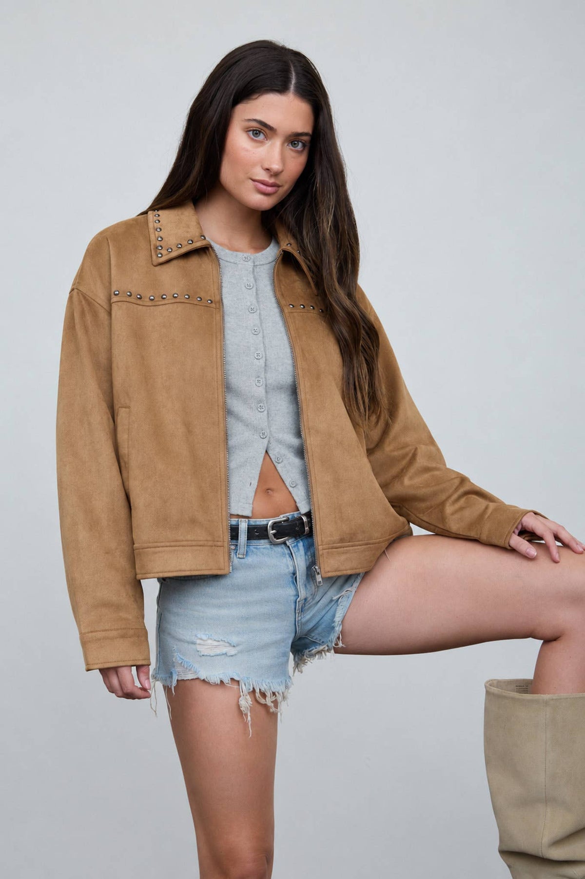 STUDDED COLLARED ZIP-UP SUEDE JACKET