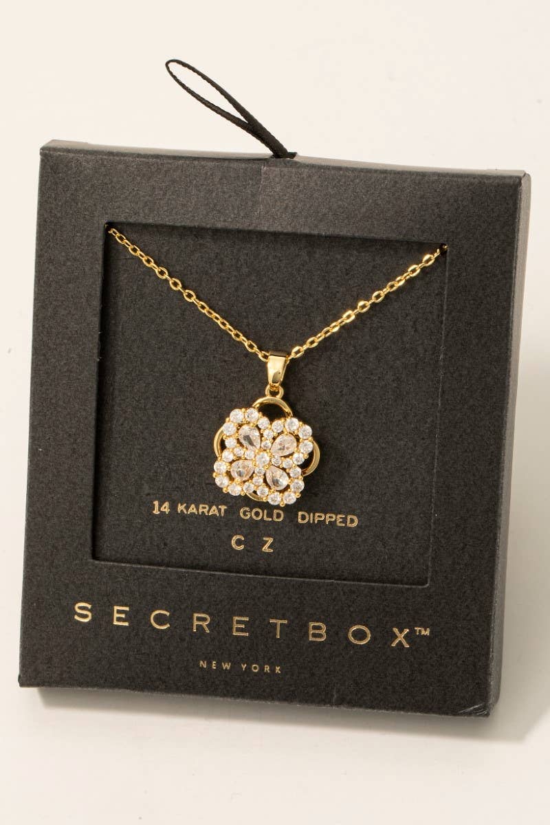 Secret Box Gold Dipped Cz Cluster Clover Pendant Necklace