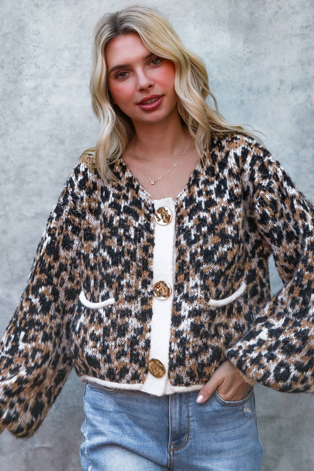 LEOPARD LONG SLEEVE CARDIGAN WITH GOLD BUTTON
