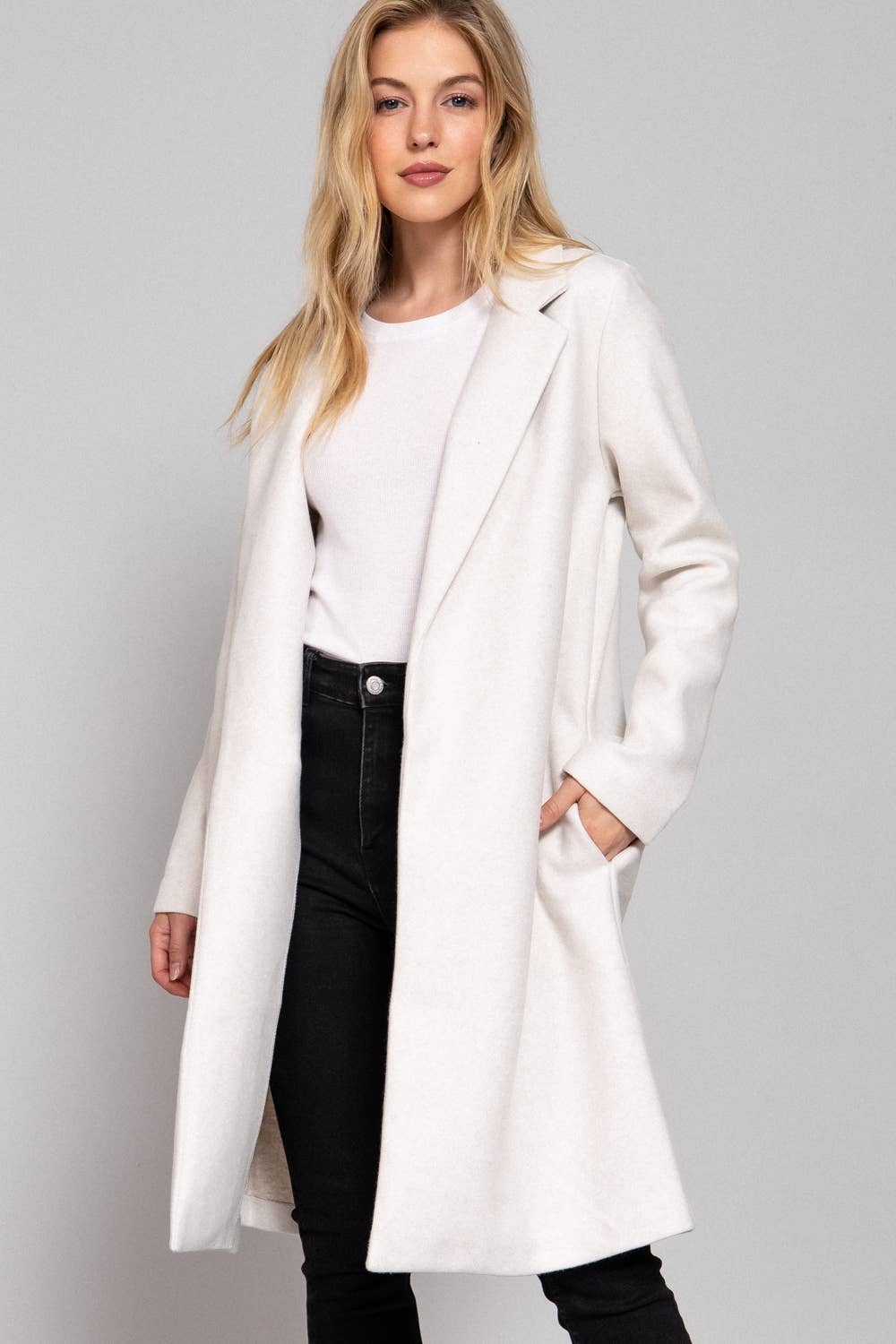Long Sleeve Open Front Soft Felt Long Coat