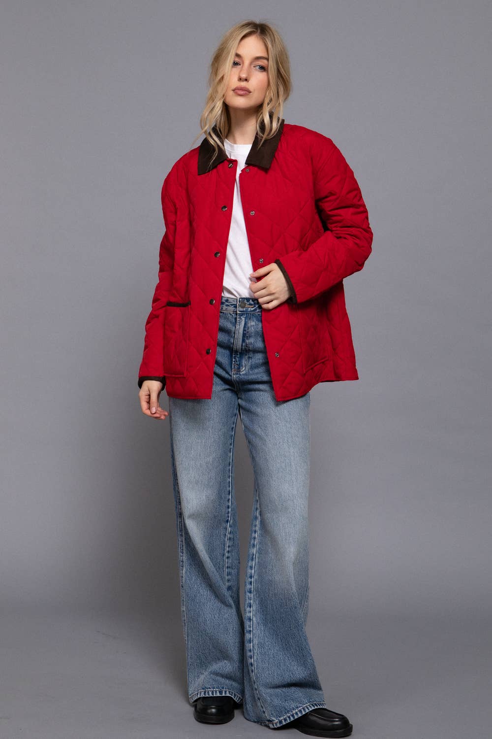 Long Sleeve Contrast Lapel Collar Quilted Puffer Work Jacket