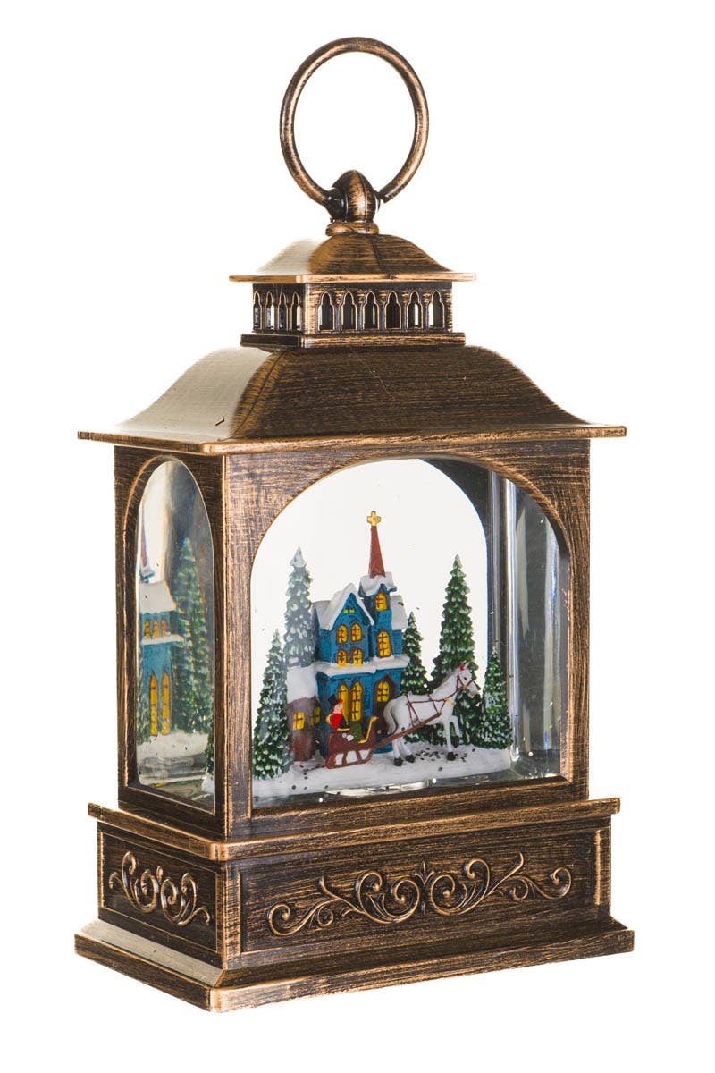 NEW-Bronze Led Lantern Snow Globe With Winter Joyride