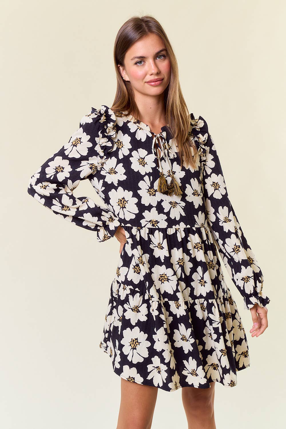 FLORAL PRINT LONG SLEEVE TIERED MINI DRESS - 27817D