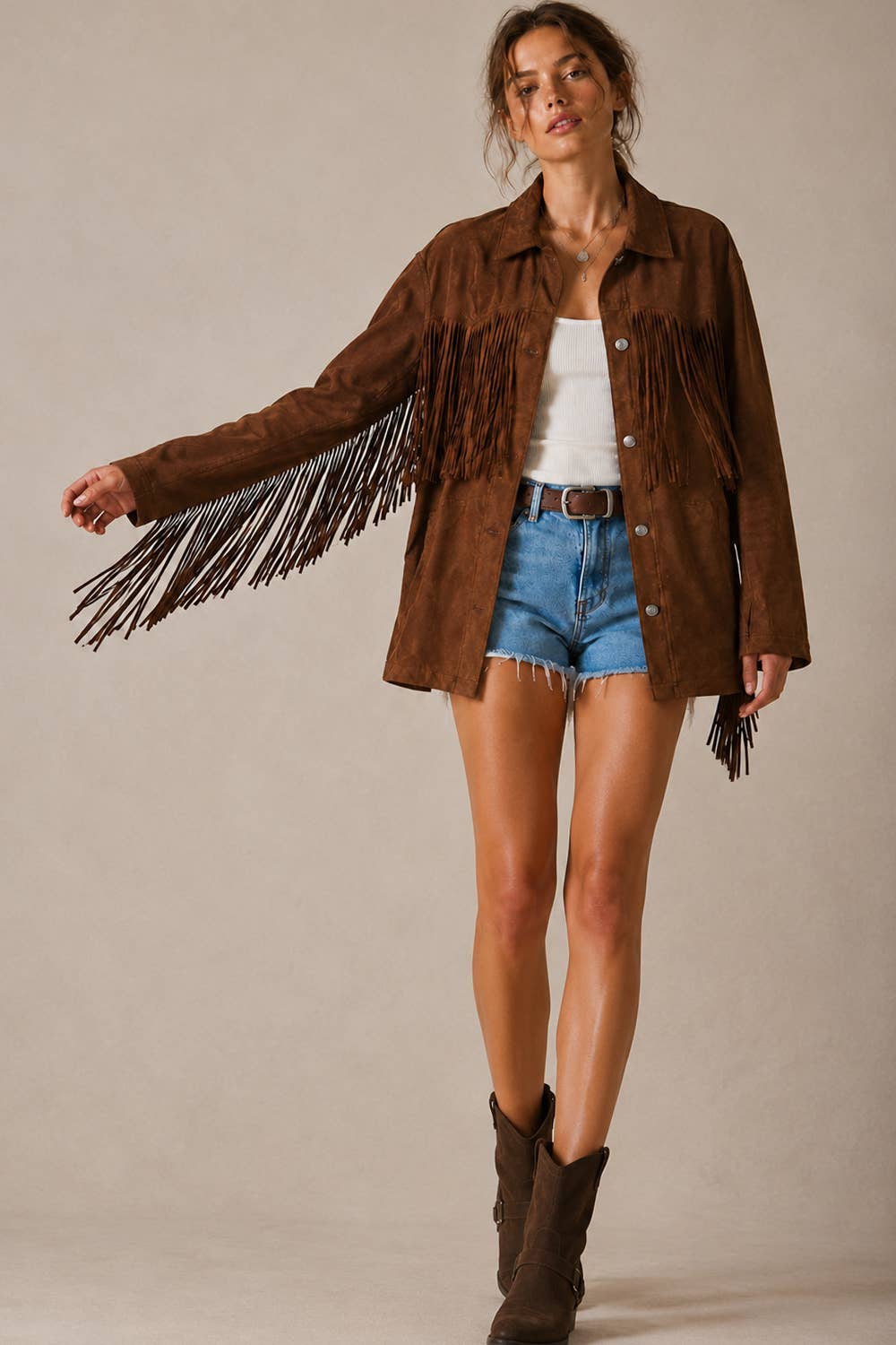 RELAXED FIT FAUX SUEDE FRINGE CASUAL JACKET