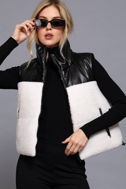 Reversible Faux Leather-Sherpa Contrast Padding Crop Vest
