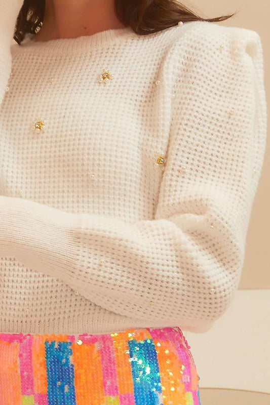 Pearl Flower Trim Waffle Sweater