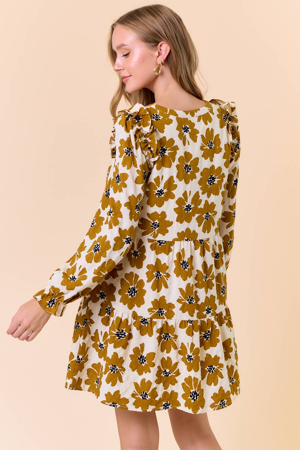 FLORAL PRINT LONG SLEEVE TIERED MINI DRESS - 27817D