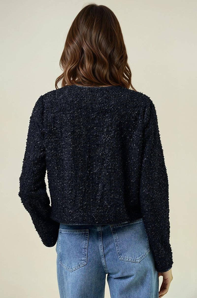 FRINGE TEXTURED KNIT BUTTON FRONT LADY JACKET - 10710J