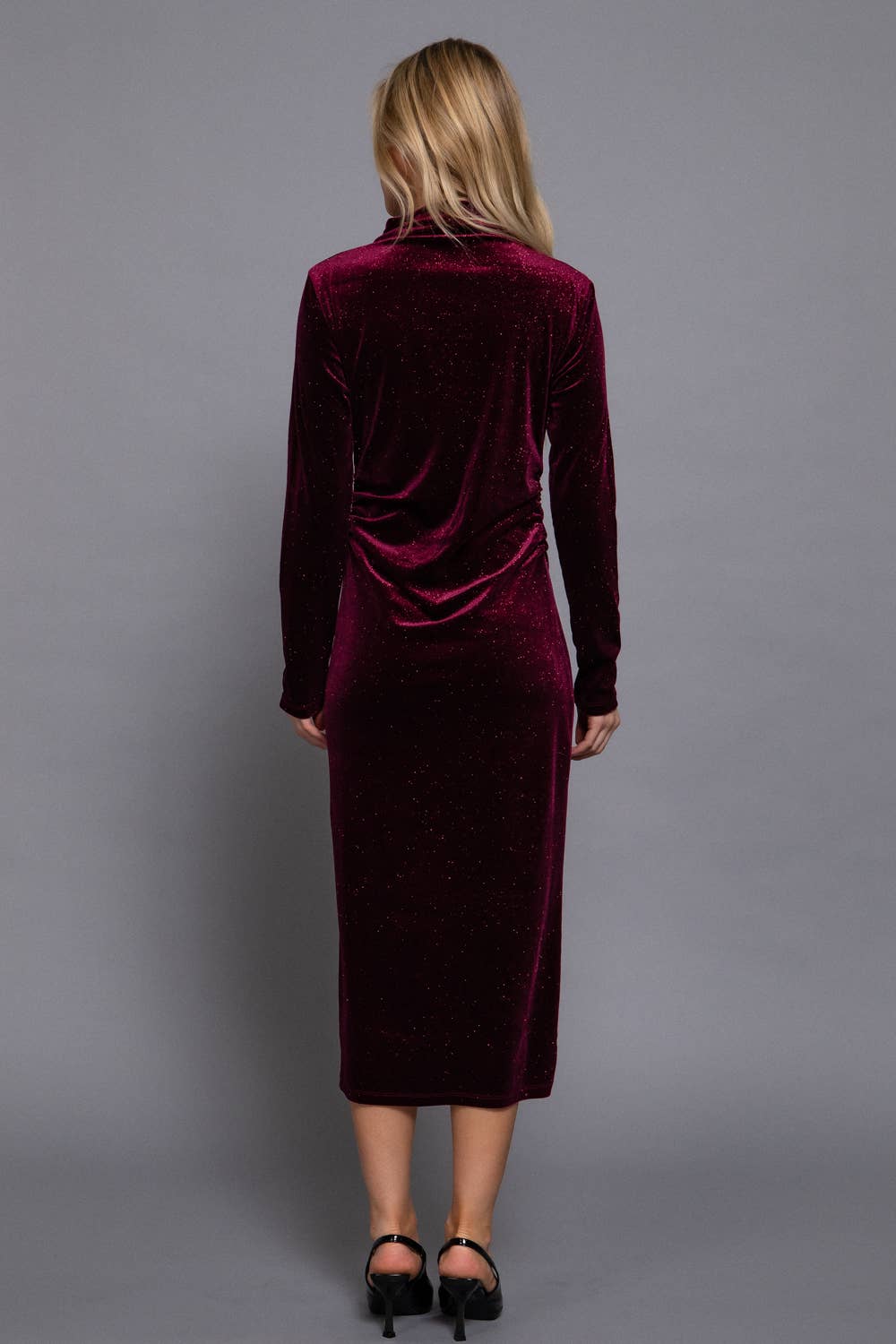 Long Sleeve High Neck Shirring Glitter Velvet Long Dress