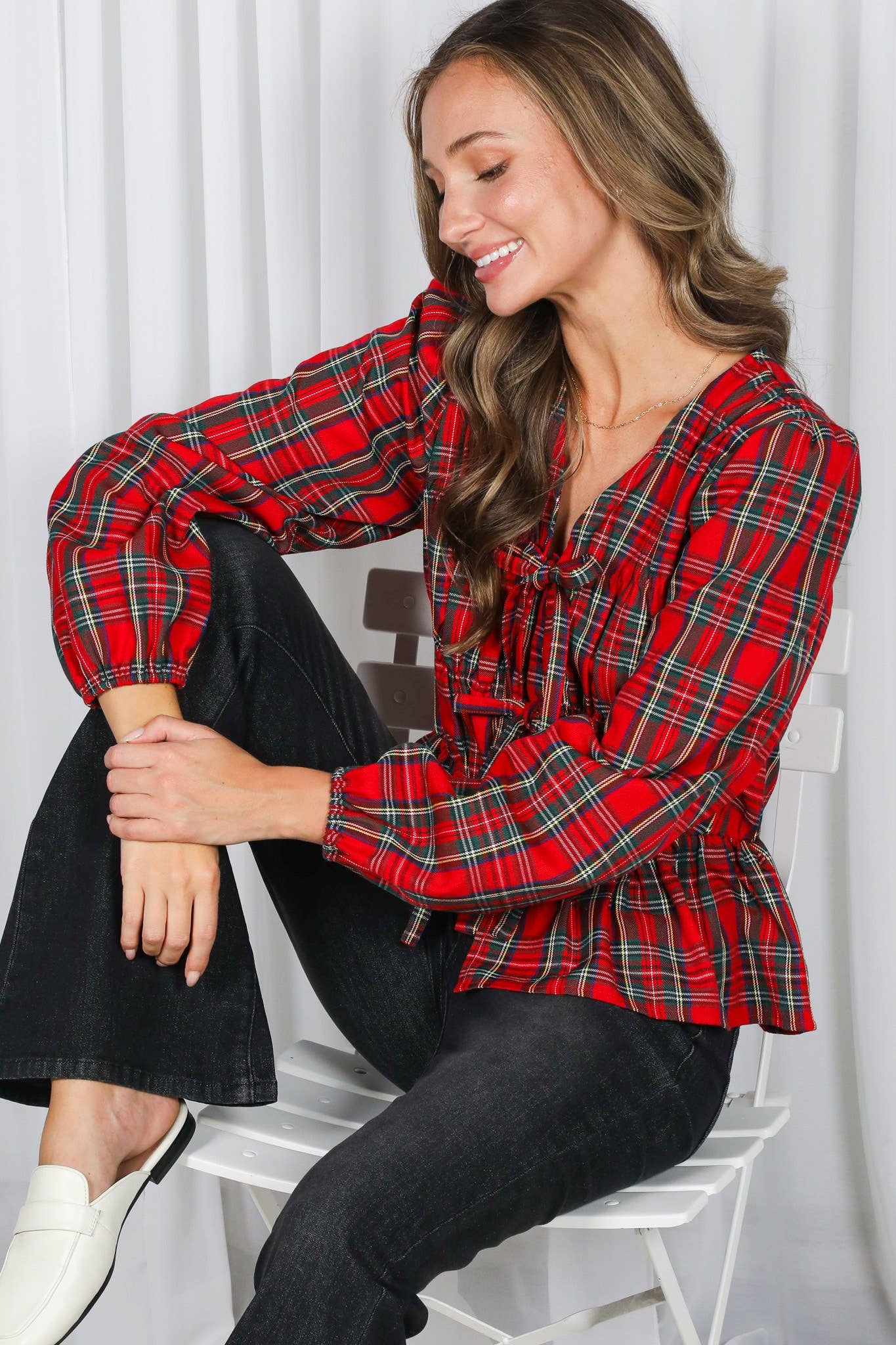 Front Elastic Shirring & Tie Plaid Blouse Top VT82890B