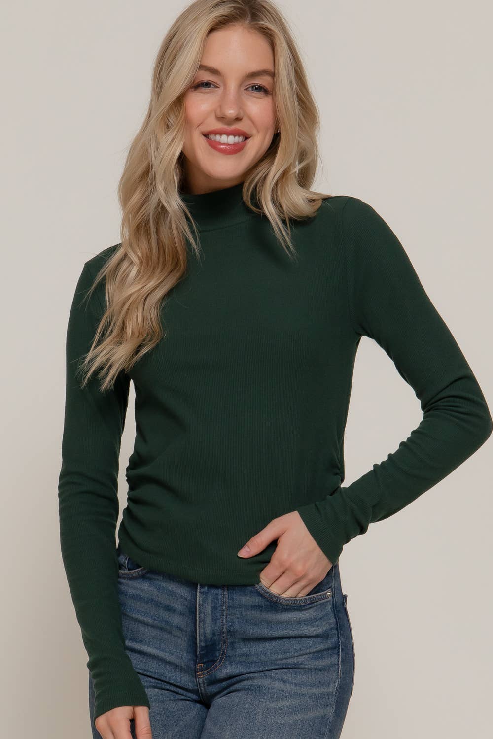Long Sleeve Turtle Neck Side Detail Brushed Rib Top