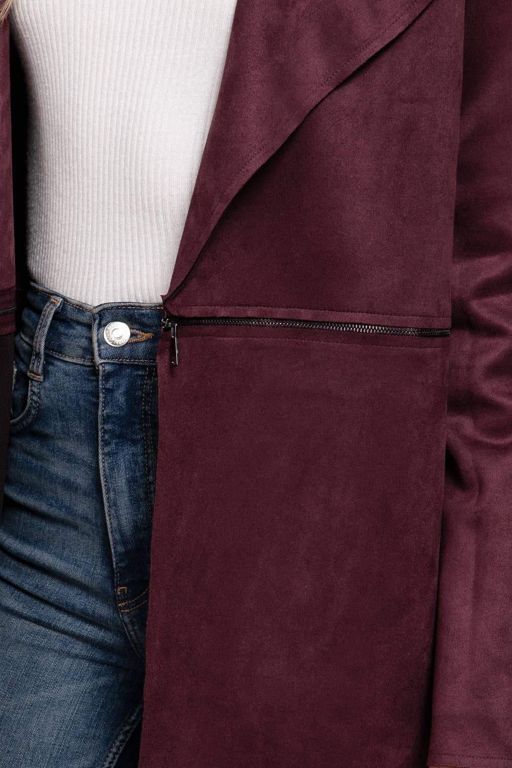 Long Sleeve Front Two Zipper Detail Faux Suede Long Jacket