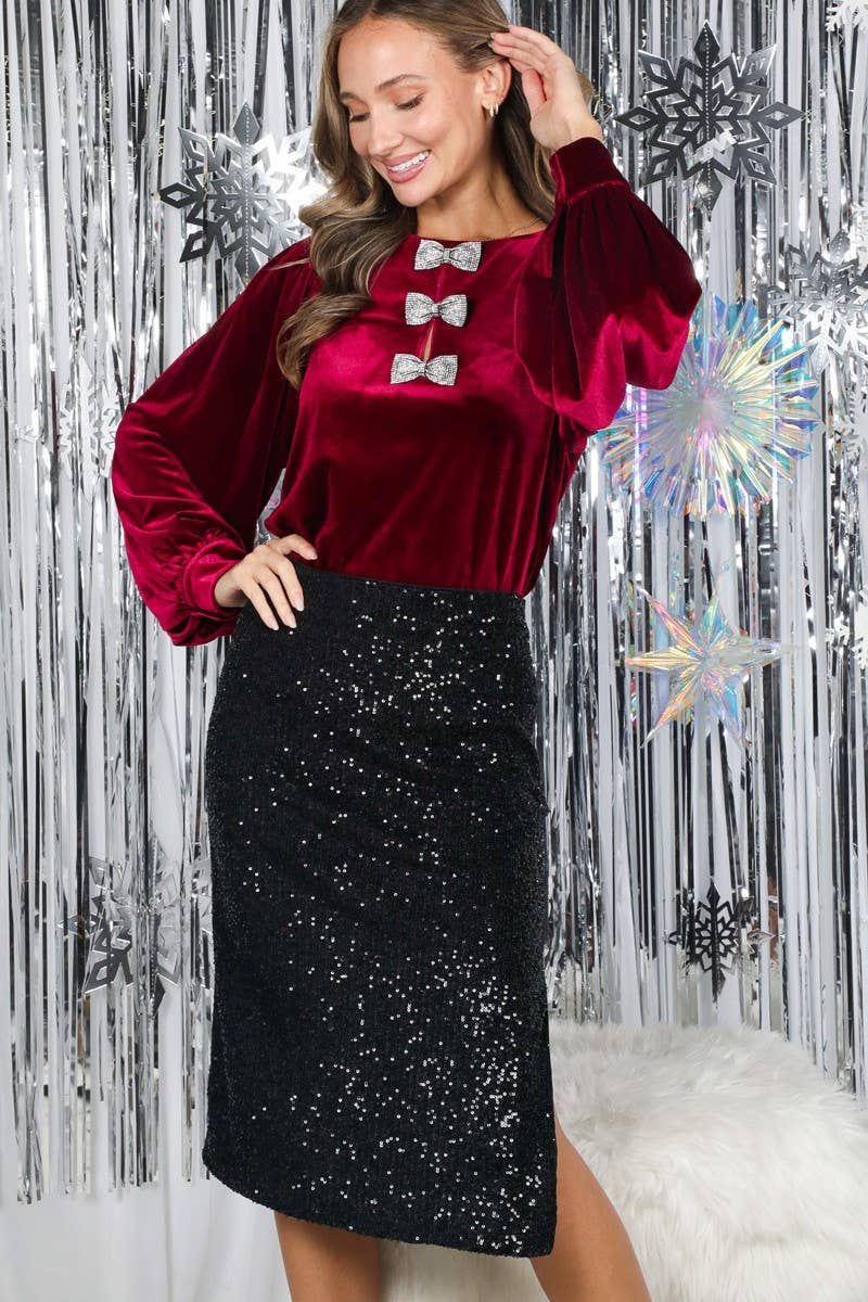 Sequin Bow Accent Luxe Velvet Blouse VT82764-