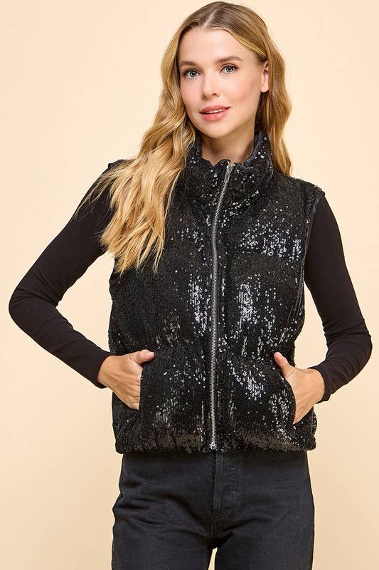 CV1244-Sequin Front Zipper Puffer Vest