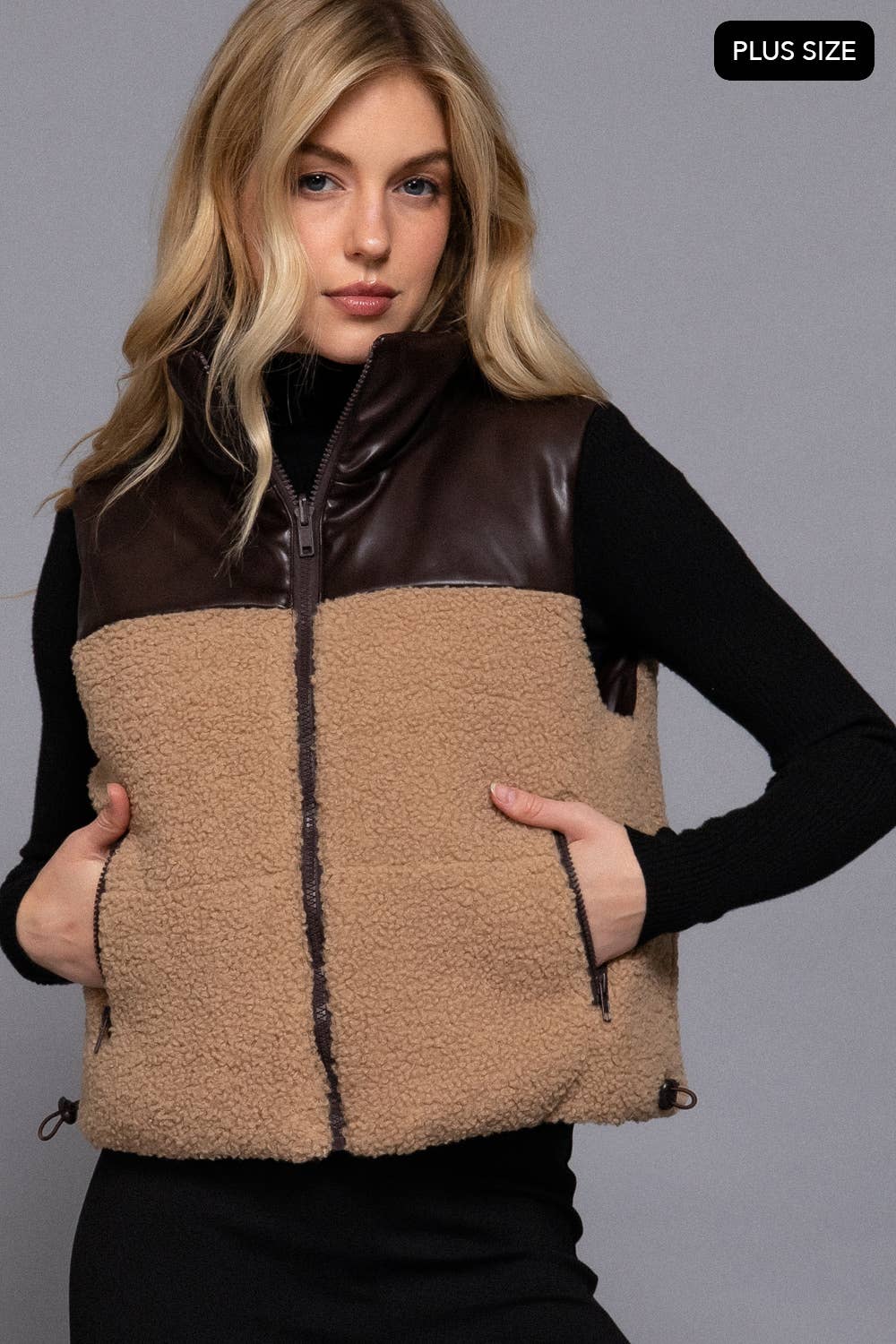 Reversible Faux Leather-Sherpa Contrast Padding Crop Vest