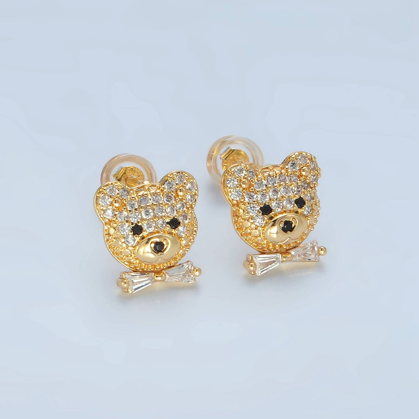 24K Gold Filled Baguette CZ Paved Teddy Bear Studs | AD741