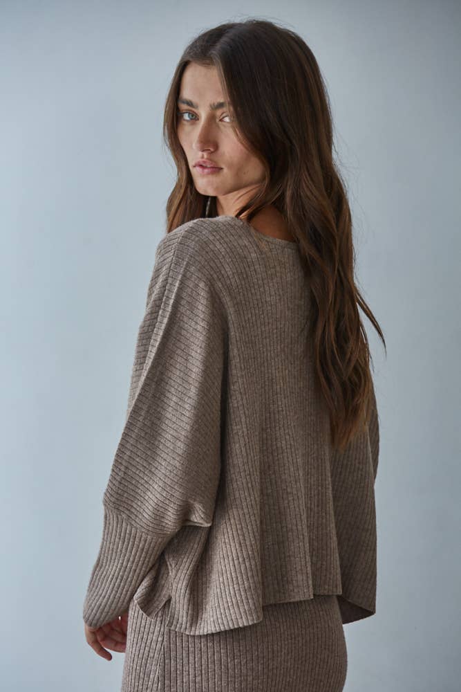 W2288T | Knit Sweater Ribbed Round Neck Long Sleeve Top