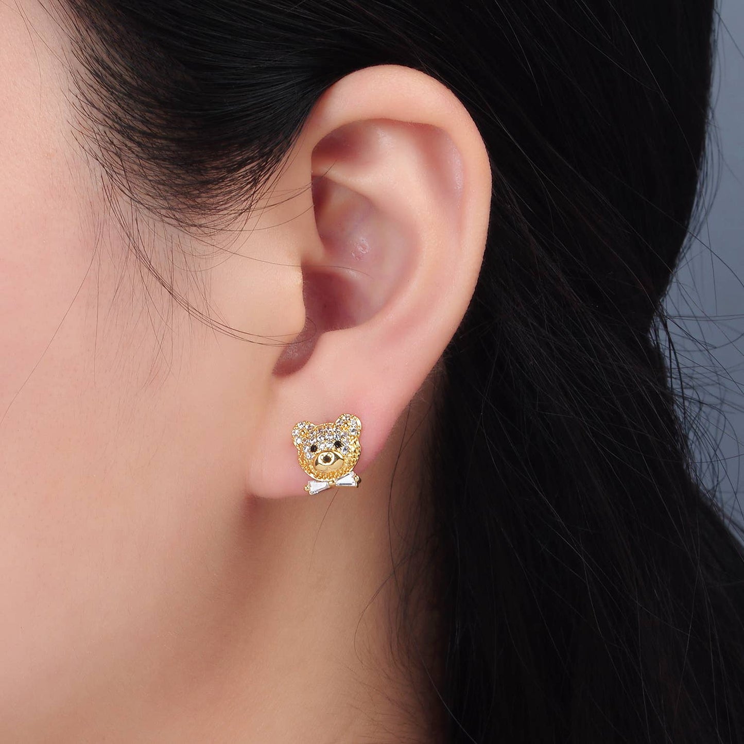 24K Gold Filled Baguette CZ Paved Teddy Bear Studs | AD741