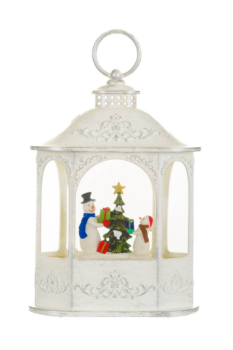 NEW-White Led Lantern Snow Globe W/ Snowmen & Presents