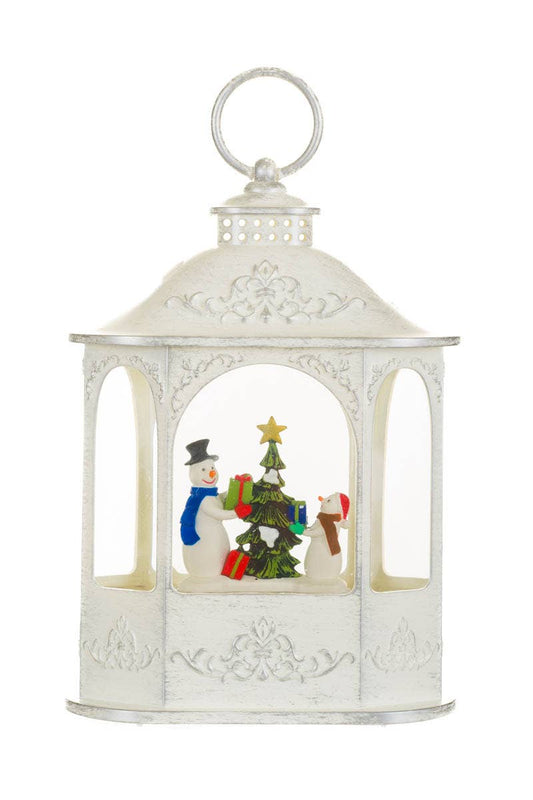 NEW-White Led Lantern Snow Globe W/ Snowmen & Presents