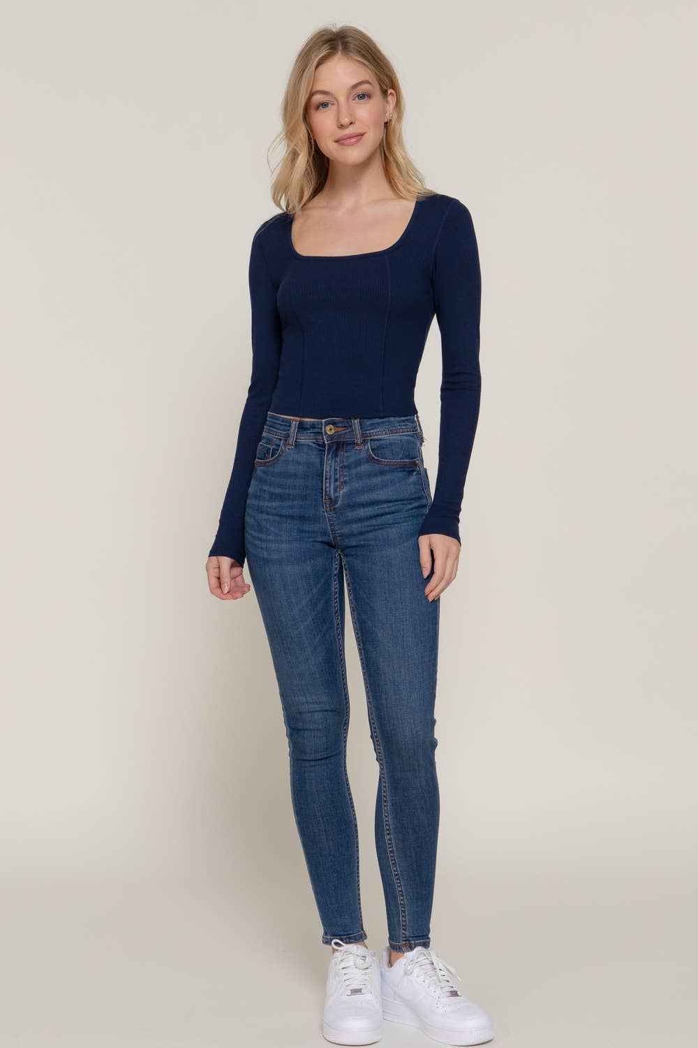 Long Sleeve Square Neck Corset Detail Knit Top