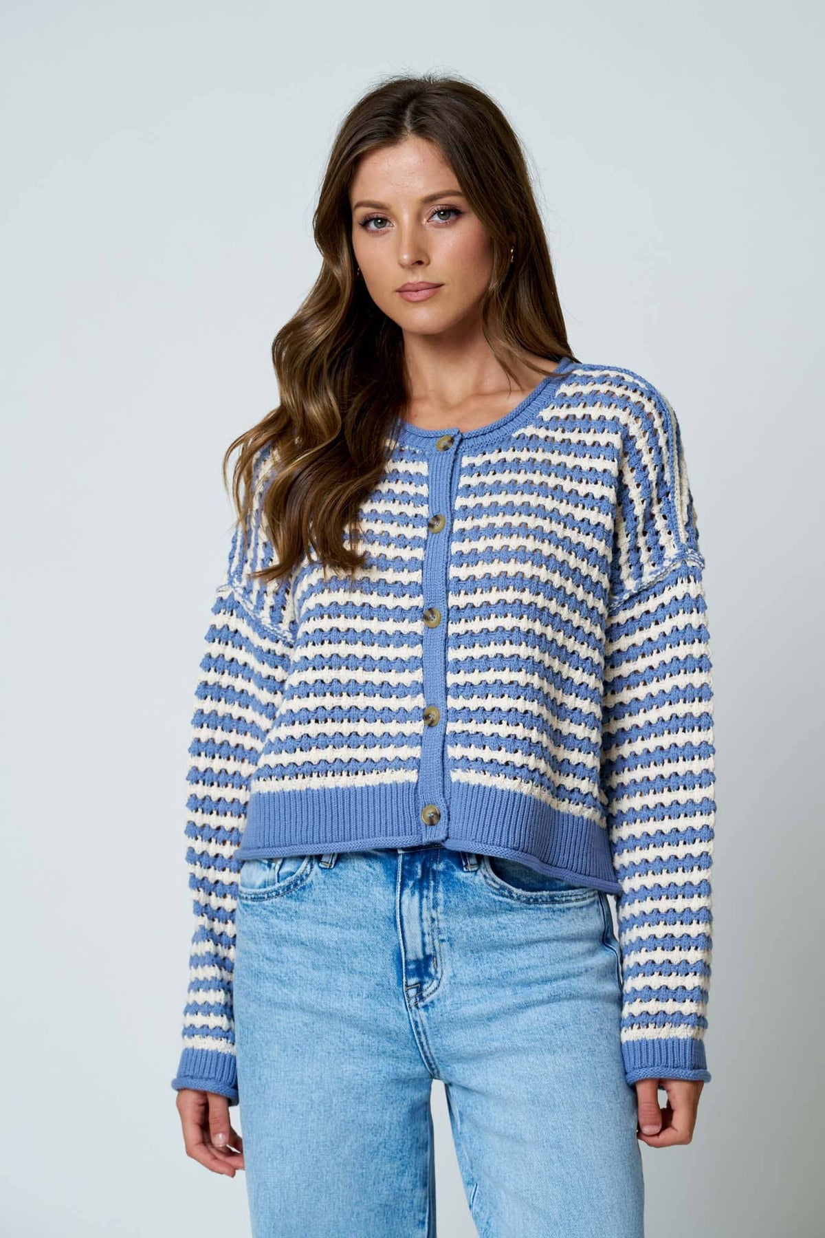 TEXTURED STRIPE CROCHET KNIT BUTTON DOWN CARDIGAN